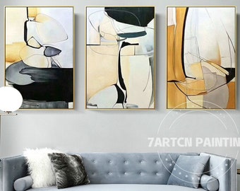 Set of 3 pieces abstract white yellow canvas painting acrylic painting framed wall art geometry large pictures home decor cuadros abstractos