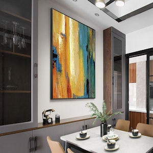 Extra Large Abstract Painting: Blue & Yellow Geometric Wall Art