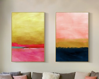 2 Pieces Wall Art Minimalist Pink Yellow Painting On Canvas Large Wall Art Framed Wall Art Geometry Acrylic Painting Modern Home Wall Decor