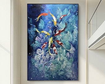 Koi Fish Large Abstract Feng Shui Wall Art Navy blue wall art