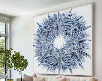 Navy Blue Canvas wall art,Textured Painting On Canvas,Extra Large Wall Art Framed abstract art Modern Round Sound Wave painting Navy Circle