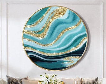 Gold teal  Round art Resin Geode Wall art Framed Seascape Abstract  Ocean epoxy Geode Painting Large acrylic pour painting fluid art