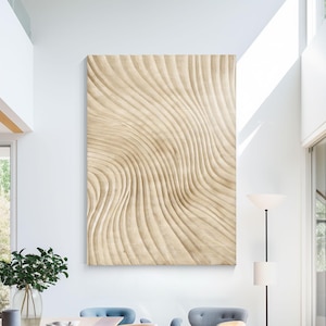 Arte de pared de madera neutra, arte de pared de madera ondulada paramétrica azul o beige, diseño de madera, arte de pared de bloques de madera, arte de pared rústico, decoración de sala de estar