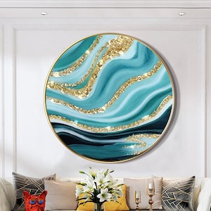 Gold teal  Round art Resin Geode Wall art Framed Seascape Abstract  Ocean epoxy Geode Painting Large acrylic pour painting fluid art