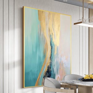 Teal Gold Abstract Canvas wall Art Extra Large Wall Art Framed Modern Gold leaf wall art Entrance hall living room wall  art