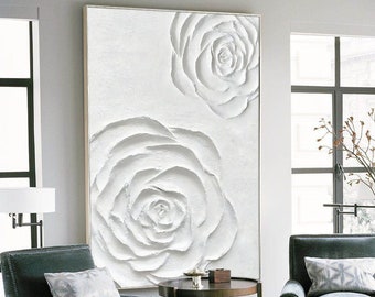 Abstract flower Wall Art Textured wall art Large White flower painting floral wall art minimalist  Blooming Floral art living room decor