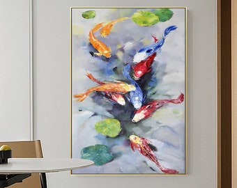 オリジナルの鯉の油絵：額入り抽象風水壁アート - Etsy 日本