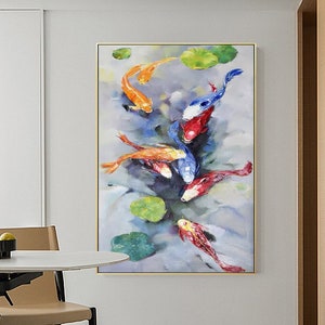 Original Koi Fish Oil Painting on Canvas, Abstract Colorful Koi Fish Wall Art Japanese fish art Feng shui décor koi fish art  home decor