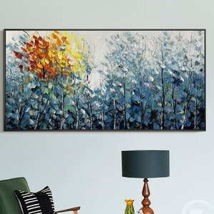 Abstract blue  forest wall art on Canvas,Colorful Forest Painting,Living Room Wall Art,Hand-painted Heavy Textured Impasto Painting