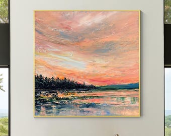 Abstract Sunset Oil Painting: Orange Red Landscape Wall Art