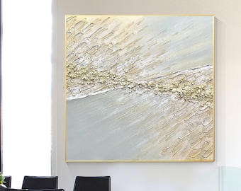 Abstract blue and gold Textured wall art Minimalist  Painting On Canvas Large Wall Art Framed  abstract  beach art Modern Living Room Decor