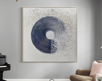 Navy Blue Abstract wall art Textured Large Enso Circle Canvas Painting Minimalist Living Room Decor