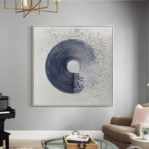 Minimalist Abstract Navy Blue wall art Canvas Painting 3D Textured Painting  Large Wall Art Framed Enso Circle art Home Living Room Decor