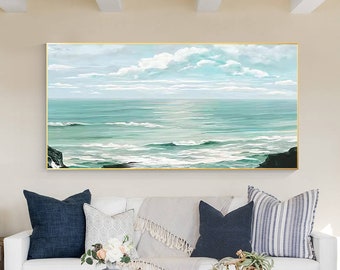 Arte de pared en lienzo azul verdoso, pintura abstracta de olas del océano azul, arte de pared de paisaje marino horizontal, decoración de pared costera, arte de playa, decoración del hogar