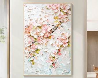 Textured 3D Pink Flower Canvas Art  Pastel Impasto Botanical Decor Extra Large Abstract Floral Painting  Living Room Wall Art