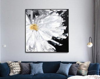 Moderno abstracto amarillo negro y blanco flor flor de lienzo acrílico floral pintura enmarcada pared arte imágenes ecor cuadros abstracto decoración