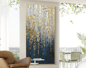 Navy Blue Gold Flower Abstract Textured Wall Art Painting Acrylic On Canvas Large wall art Gold Floral Painting blue and gold art home decor