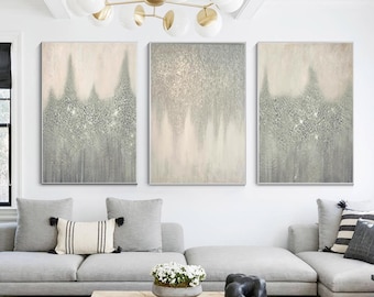 Abstract Silver and Gray Set of 3 Glitter wall art  Extra Large Gray Wall art Framed Modern Textured  Wall Art Sets living room decor