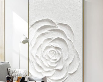 Original White Flower art Textured painting Wabisabi Canvas Minimalist Plaster floral wall art customized living room decor