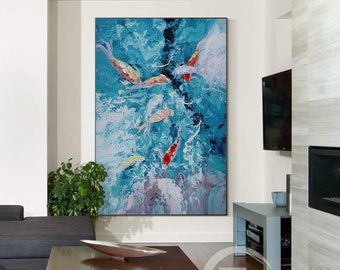 Blue Koi Fish abstract wall art Acrylic on canvas Painting Feng Shui Carp Pond Oil Painting large living room decor contemporary art decor