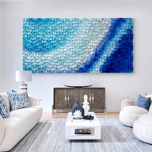 Wood wall art Wooden Original Blue and Teal Mosaic Wall Art Abstract Ocean Reclaimed wood painting Bedroom Sound Diffusor living room decor