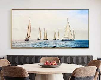 Abstract Sailboat wall art acrylic on canvas  Painting Modern Art Oil Painting Living Room blue ocean boat Wall Art Abstract Wall Art