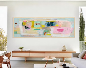 Veelkleurige abstracte muurkunst beige roze groen kunst schilderij minimalistische canvas originele kunst eclectische boho schilderij lange smalle muur kunst