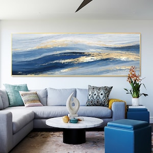 Abstrakte marineblaue Goldwandkunst Acryl auf Segeltuchanstrich große lange Wandkunst modernes Wanddekor blaue und Goldkunstwohnzimmerdekor
