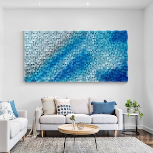 Holz Wand Kunst 3D Holz Klang Diffusor blau und Türkis Mosaik Altholz Wand Kunst Abstrakte Ozean Holzmalerei Schlafzimmer Wohnzimmer Dekor