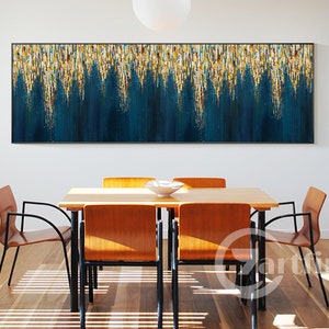 Arte de pared azul marino dorado, arte de pared moderno abstracto, arte de pared enmarcado con textura azul real, pintura de lienzo acrílico extragrande, decoración del hogar