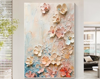 咲き誇るピンクの花の抽象画 テクスチャ加工 特大 3D 花柄 キャンバス