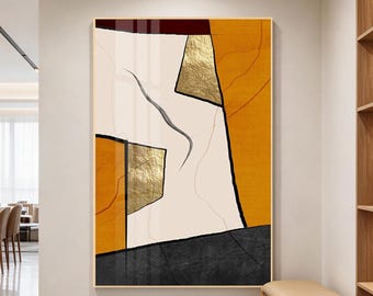 Pintura abstracta marrón, negra y beige sobre lienzo, arte de pared moderno minimalista, abstracto amarillo melón y beige, decoración de sala de estar de arte moderno