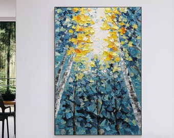 Abstract blue forest art On Canvas Capri blue and Yellow Acrylic Painting Large Framed Wall Art Textured  wall arliving room decor