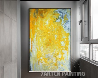May include: Abstract painting with yellow, white, and gray colors. The painting is hanging on a wall in a hallway with a window in the background. The painting is signed "7ARTCN PAINTING" in the bottom right corner.