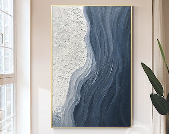 Large Navy Blue Abstract Beach Canvas Painting 3D Textured Ocean Framed Modern Coastal wall art