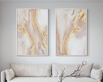 Flowing abstract 2 Pieces Gold Pink wall Art texture Painting canvas Pour frame wall art for living room oversize set of 2  wall paintings