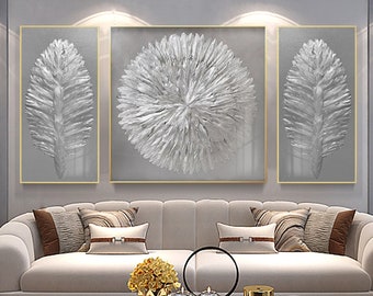 set of 3 paintings silver feather acrylic 3D paintings Silver grey feather framed painting Feather Painting oversize handmade wall art