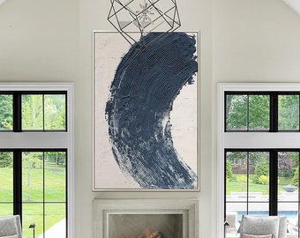 Abstract Navy Blue wall art Minimalist  Painting Large long Framed Wall Art on canvas Textured Painting Modern painting  living room decor