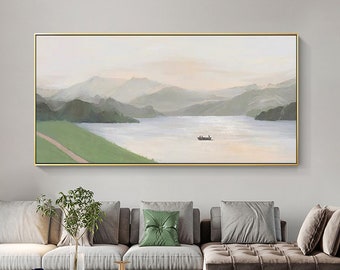 Abstract Mountains Lake painting Large Minimalist Landscape Painting, Mountain Lake Wall Art scenery painting living room decor