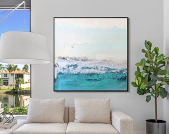 Original Coastal abstract seascape painting cream blue teal acrylic painting abstract tropical wall art picture for living room decor