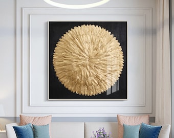 Feather painting acrylic 3d textured painting Gold feather painting framed  on canvas home decor  living room decor
