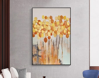 Original Abstract painting gold Orange tree art Black acrylic painting on canvas framed wall art gold scenery canvas painting wall hanging