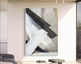 特大抽象画、黒と白、茶色のキャンバス、額入り、手描きの壁アート、黒