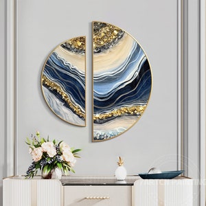 Resin Round Art Set of 2 Framed Wall Art Seascape Waves Abstract Gold Blue Silver Waves epoxy Resin Geode Crystal Half Round wall art 3D image 1