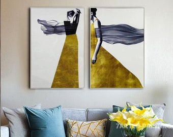 Set of 2 navy blue gold Framed Dancer Canvas Original abstract woman art Girl painting Minimalist room decor