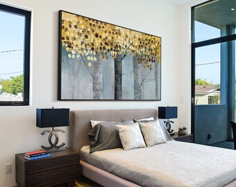 Original Abstract Birch Tree painting acrylic canvas Gold leaves tree wall art framed orange blue birch tree painting living room decor