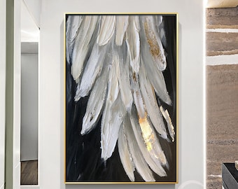 Abstract feather wall art White Gold Grey Feather wall art Gold leaf and Black huge Feather painting on canvas Extra Large Framed wall art