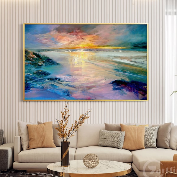 Très grand lever de soleil au bord de la mer encadré art mural paysage marin abstrait peinture lever du soleil paysage peinture paysage naturel pour vivre déc