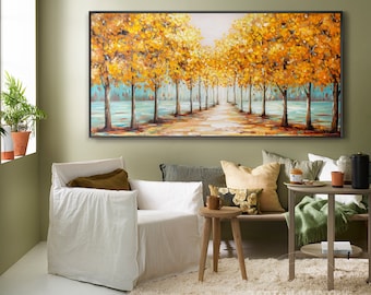 Large Abstract Gold Tree art Landscape Canvas Painting  Golden Avenue Wall Art Original Extra Large wall art living room decor