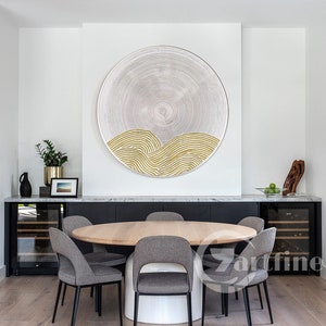 minimalist  gold wall art  abstract Round framed wall art white wall art textured paintings gold wall art  Living room art office wall art